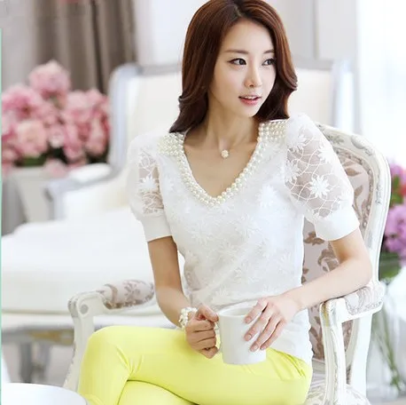 Women's summer shirt lace slim basic female plus size beading ladies short-sleeve chiffon top bloeses vestidos |