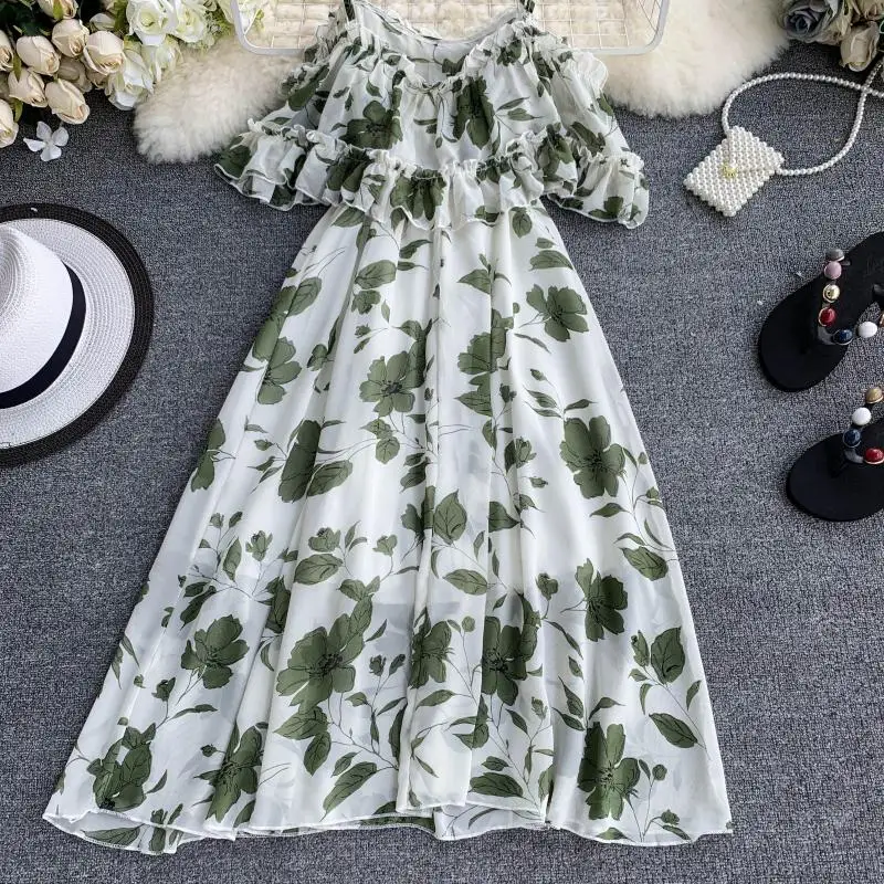 ALPHALMODA, для отдыха, шифоновое платье с принтом, с короткими рукавами, с открытыми плечами, до середины икры, женское, летнее, праздничное, повседневное, Пляжное, Vestidos