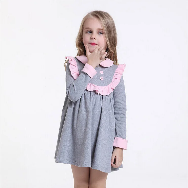 ACEBAY girls dresses 2015 New high quality Knee-length Button A-line Full Solid Dresses cotton made aged 4-8 kids clothing | Детская