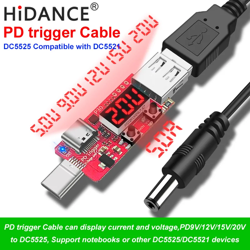Цифровому тестеру HiDANCE Тип-c PD2/3,0 переменного тока в постоянный 5,5*2,5 мм DC5525 спусковой тросик QC4 зарядное устройство для ноутбука 15/20V или 9 В/12 V отображения тока и напряжения