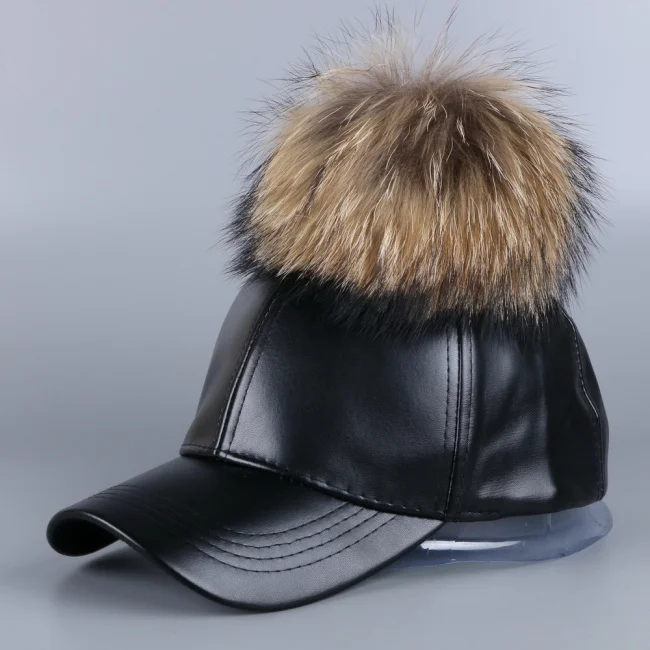 black cap Горячая Распродажа дизайн женская брендовая зимняя шапка Кепка настоящая норка, лиса мех помпон кожа бейсболка лучшая девушка кепка snapback шапки - Цвет: black cap