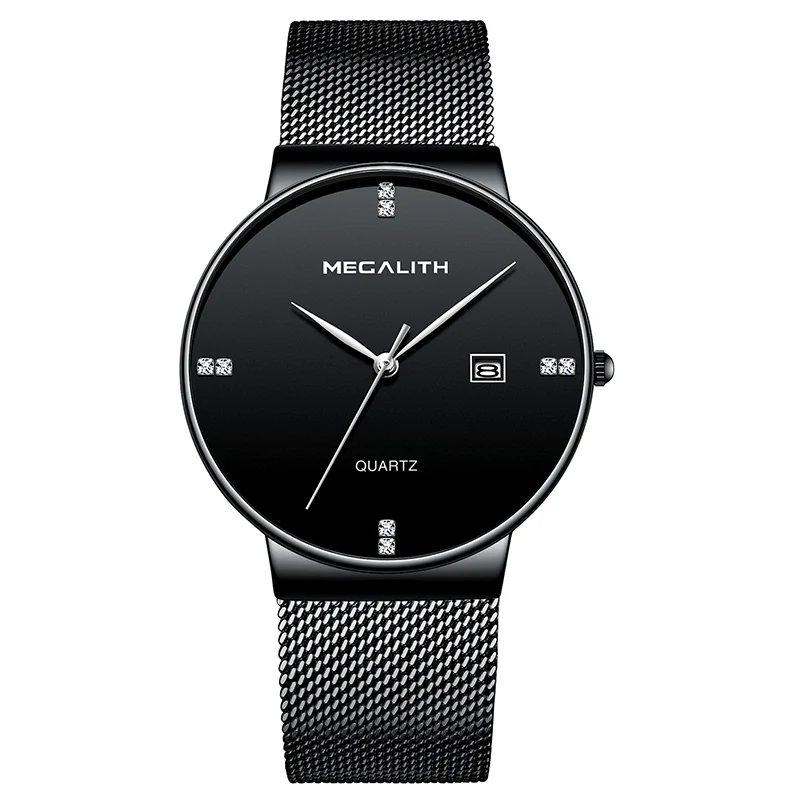 balck sliver Модные Повседневные часы MEGALITH для мужчин, тонкие спортивные часы из сетчатой стали, водонепроницаемые кварцевые часы с хронографом, мужские часы - Цвет: balck sliver