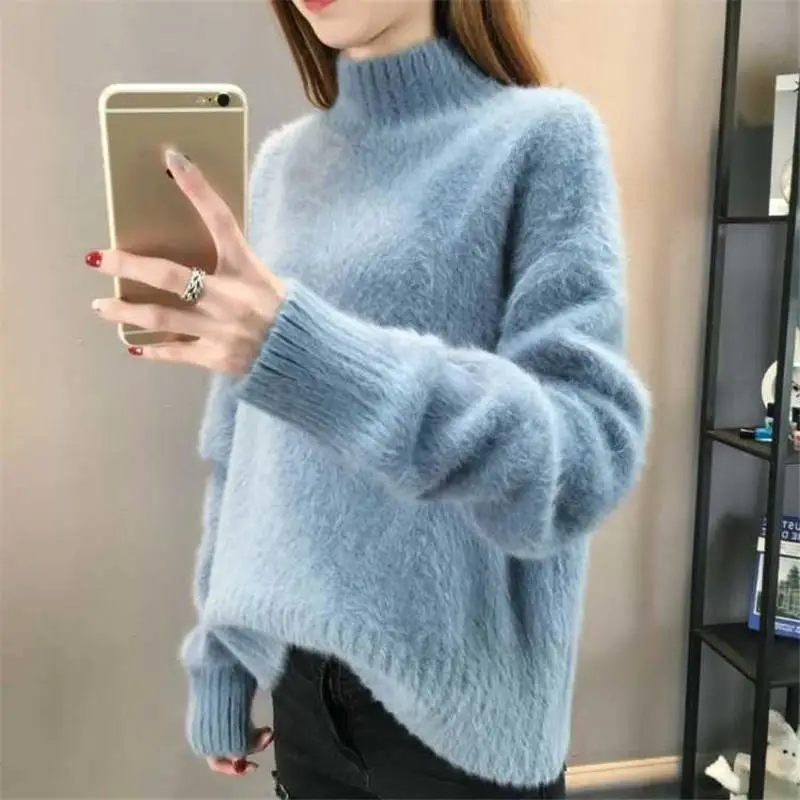 

2019 Autumn Winter Women Faux Mink Half Turtleneck Pullover Sweater Female Korean Style Hiver Warm Jumper Tops Pull Femme K133