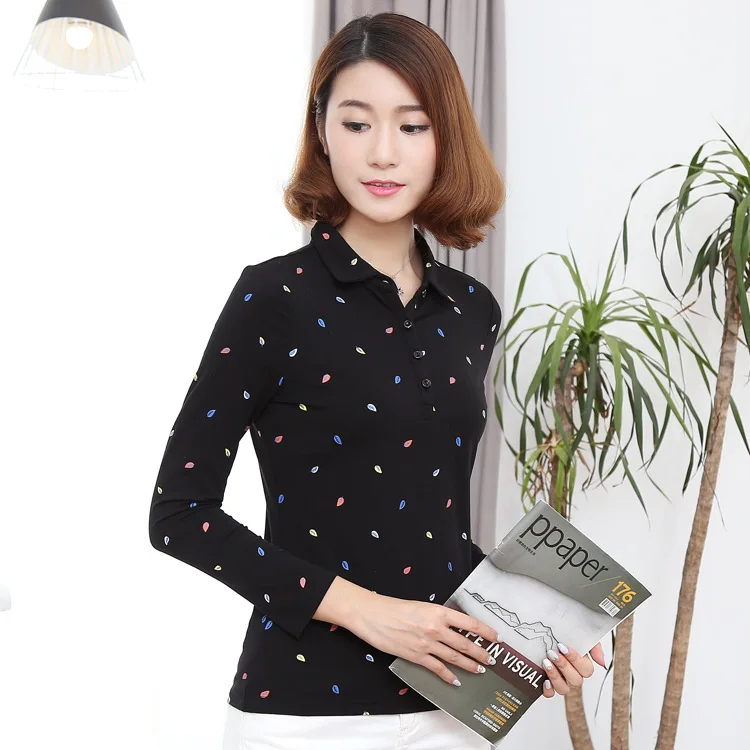 Ruoru M-4XL, плюс размер, Осень-зима, хлопок, поло, женская, цветная, с принтом в виде листьев, женская рубашка поло, повседневная, поло, femme, красный, черный цвет - Цвет: Черный