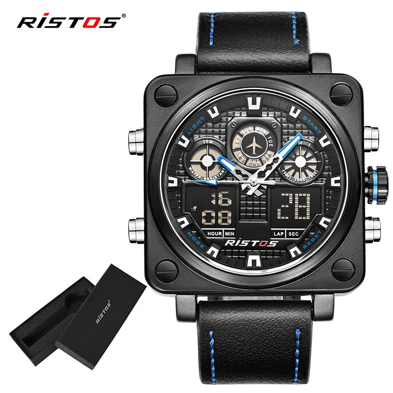 Blue RISTOS, военные часы для дайвинга, 50 м, с нейлоновым и кожаным ремешком, светодиодный, мужские часы, Лидирующий бренд, роскошные кварцевые часы, reloj hombre, Relogio Masculin - Цвет: Blue