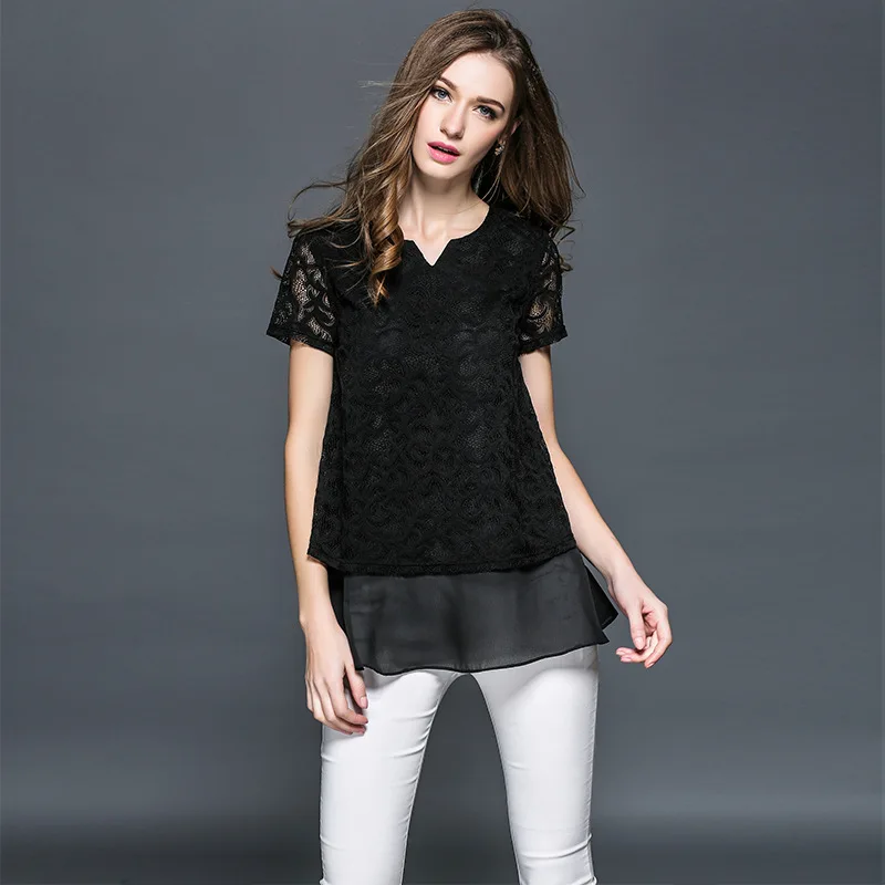M 5XL плюс размер женская мода цветочные кружева летние Футболки специальный V шеи