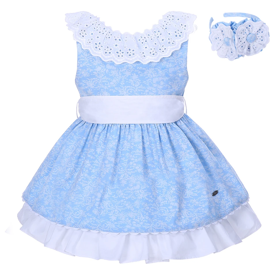 Pettigirl Girls Flower Dresses Summer Blue Kids Dress With Headband Girl Lace Collar Boutique Clothing G-DMGD001-1294 | Детская одежда