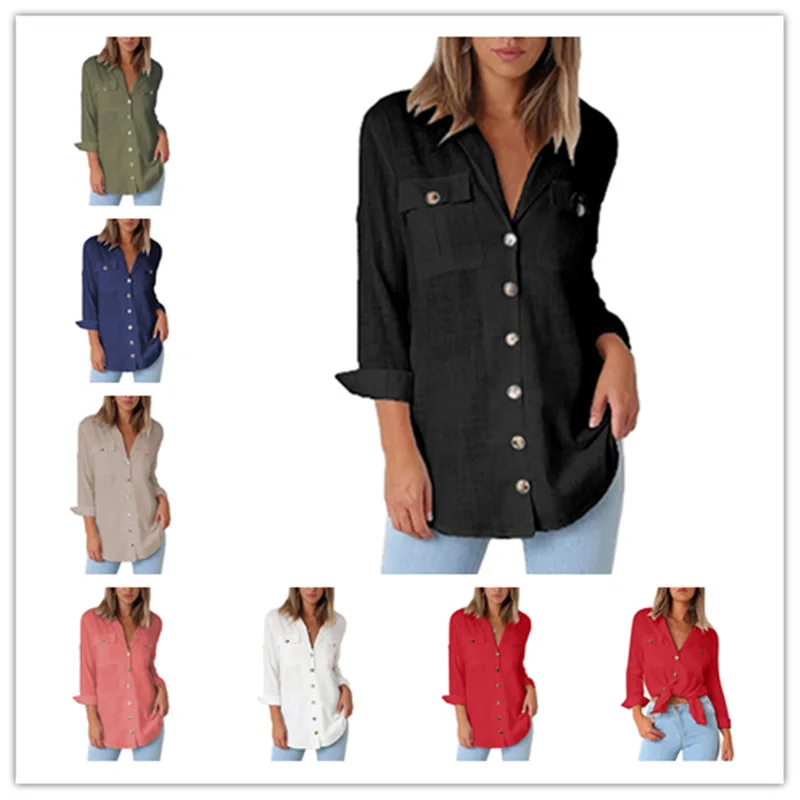 

2020 Autumn Blouse Women Office Buttons Long Sleeve Shirt With Pockets Loose Solid Turn Down Collar Ladies Tops Blusas Plus Size