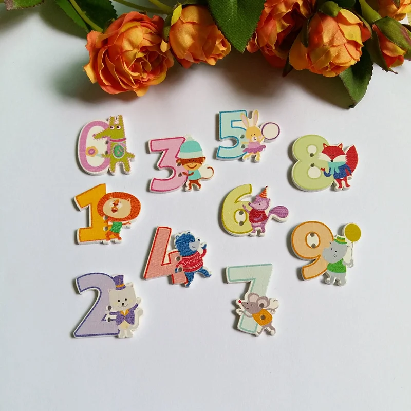 30 шт./лот (3 шт. на номер) деревянные пуговицы в виде милых мультипликационных цифр