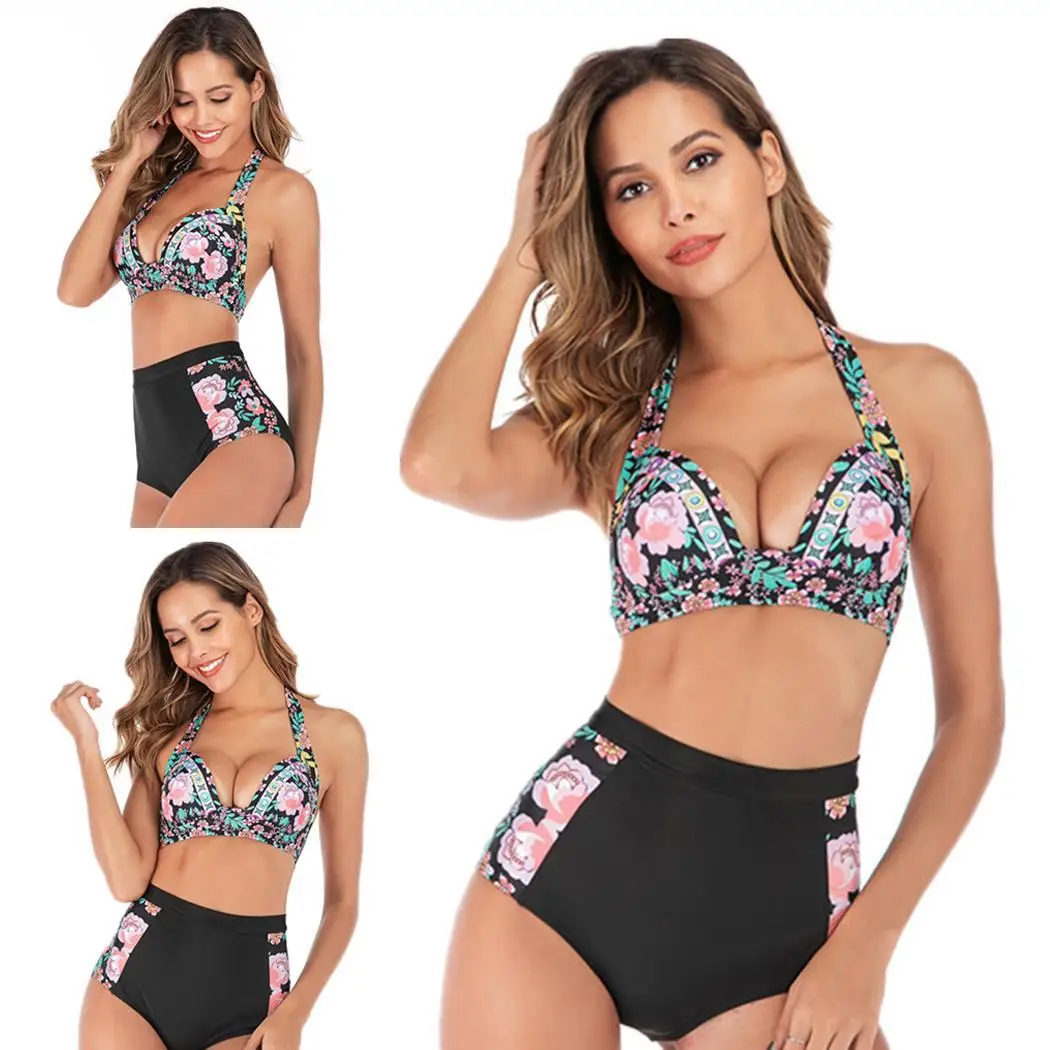 Women Summer Floral Printing High Waist Wire Free Bikini Two Casual Pool Beach Piece Slim Padded Swimsuits |