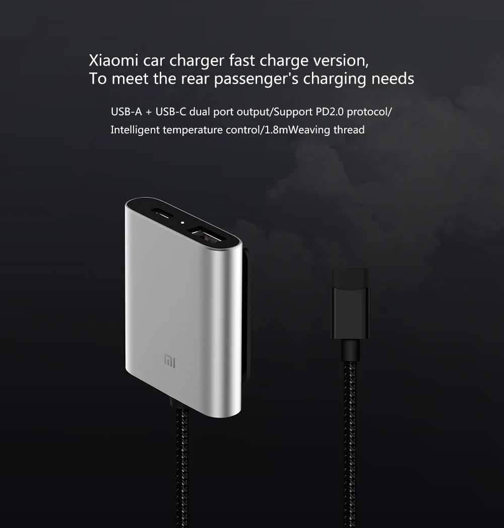 Original Xiaomi Car Charger QC3.0 Fast Version Extended Accessory parts quaick charge USB-A USB-C Dual Port Output Smart Car