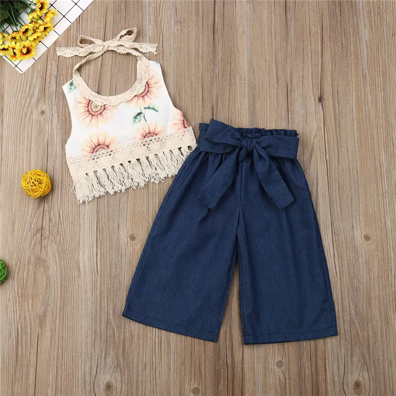 Костюм из двух предметов для девочек блузка с лямкой на шее и широкие