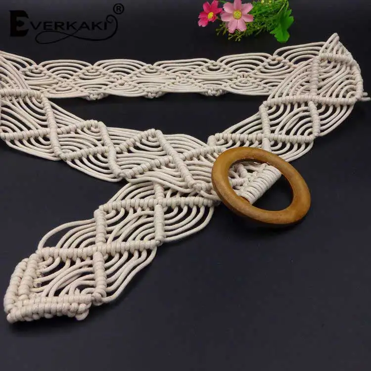 White Everkaki, Вощеная Веревка, вязаный ремень, круглая деревянная Пряжка, Boho, женский ремень, простой, Harajuku, одноцветные, вязаные ремни для женщин, платье, джинсы - Цвет: White
