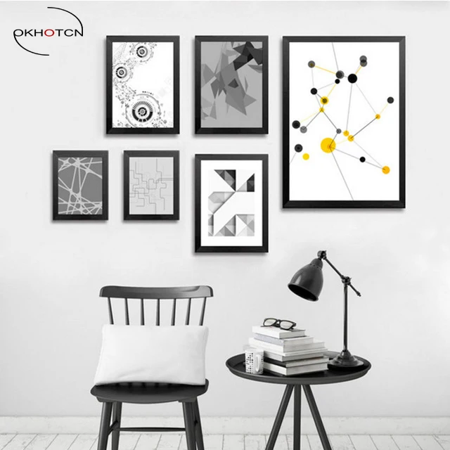 Геометрическая абстрактная картина на холсте черная белая желтая Современная