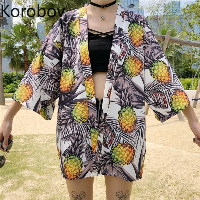 Korobov летнее солнцезащитное японское кимоно кардиган блузка Harajuku свободная с