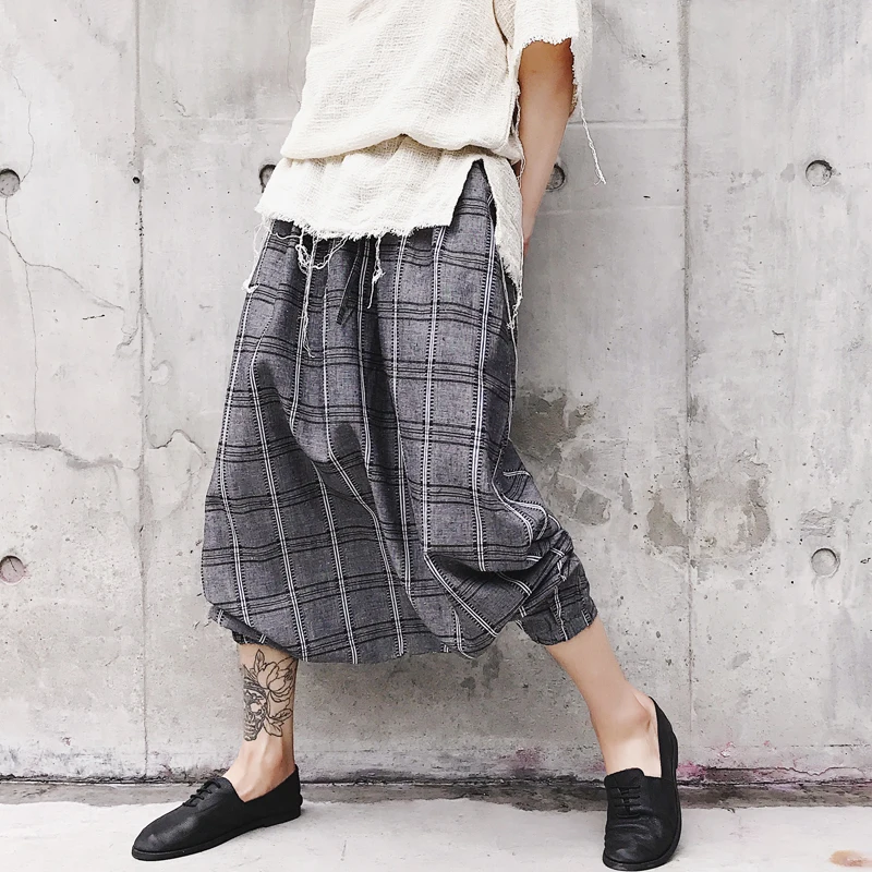 Новинка мужские повседневные штаны в клетку с низким шаговым швом хлопок лен