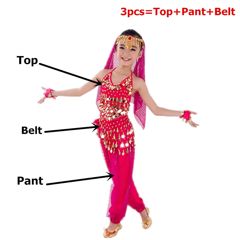 Rose Red 3pcs Набор костюма для танца живота Восточный танец Индийский Египетский танец для девочек танец живота дети Болливуд топ брюки 6 цветов - Цвет: Rose Red 3pcs