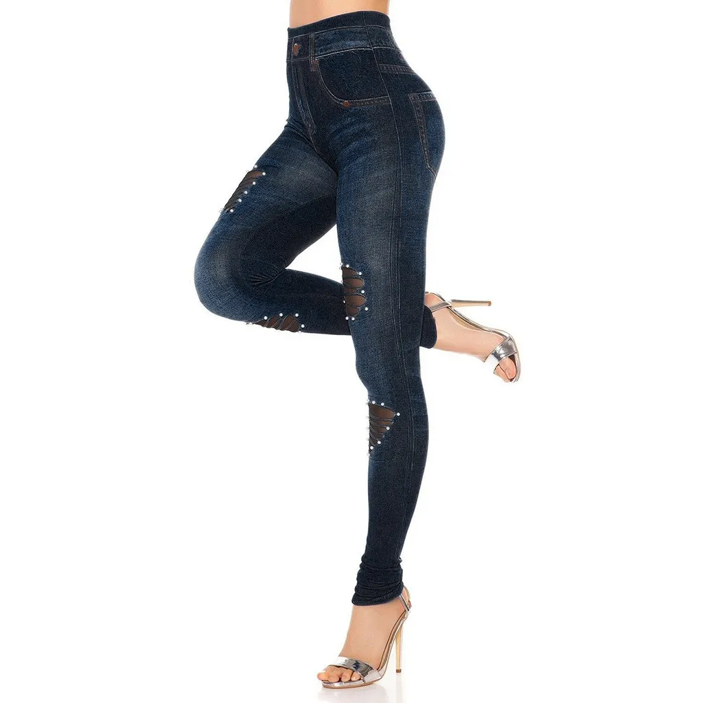 Темно-Синие рваные узкие джинсы летние женские повседневные эластичные