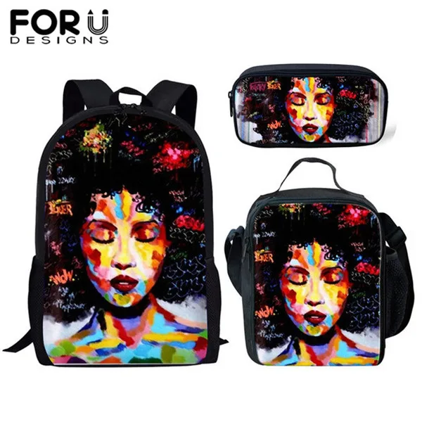 YQ3481CGK FORUDESIGNS 3 шт./компл. школьные сумки для девочек детский рюкзак с изображением мультипликационных персонажей для детей черного цвета в африканском стиле американская девушка с художественным принтом ранцы Mujer - Color: YQ3481CGK