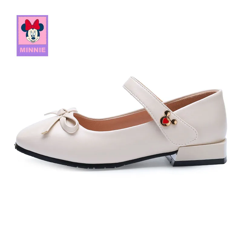 Beige Minnie Shoes Disney/детская кожаная обувь с бантом для девочек; весенние удобные тонкие туфли для детей; кожаные туфли принцессы; Размеры 26-37 - Цвет: Beige Minnie Shoes