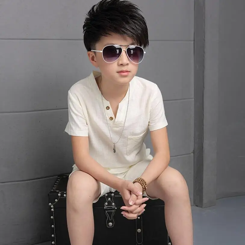 High quality children's suit 2019 summer new Korean boy big fashion solid color V-neck cotton and linen two-piece |