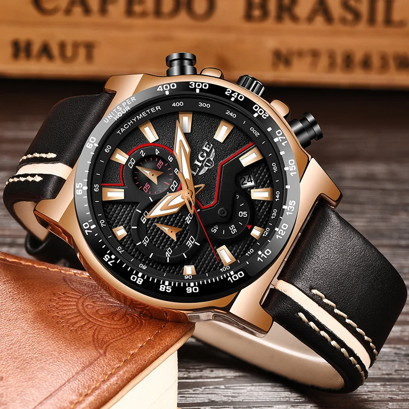 LIGE мужские часы Топ бренд Роскошные спортивные кожаные водонепроницаемые