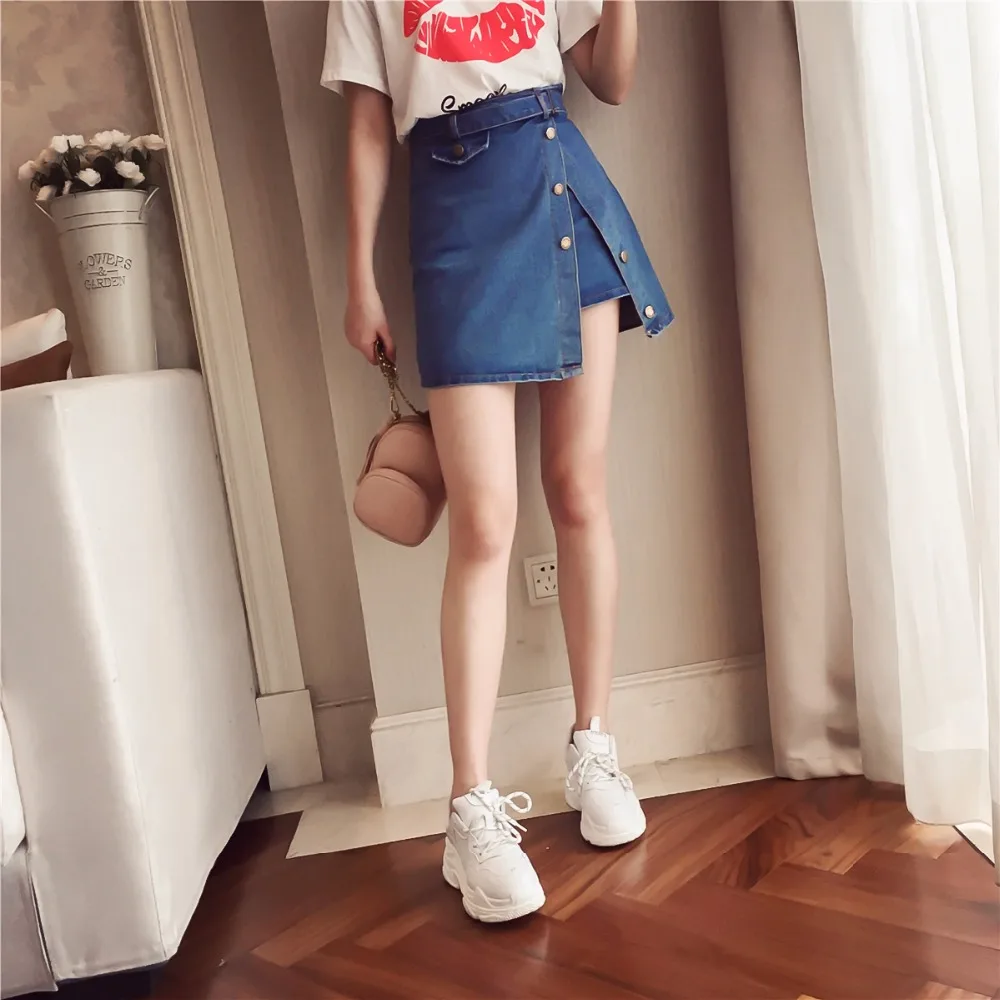 Summer Harajuku Jeans Skirt Women 2019 Solid High waist Loose Denim A-Line Short skirts Female Split joint Casual LX105 | Женская одежда