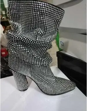 Женские шикарные сапоги с блестками кожаные до колена украшенные кристаллами