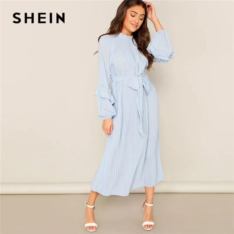 SHEIN Плиссированное Платье Со Стоячим Воротником Поясом И Оригинальным Рукавом Однотонное Платье В Складку С Оборкой