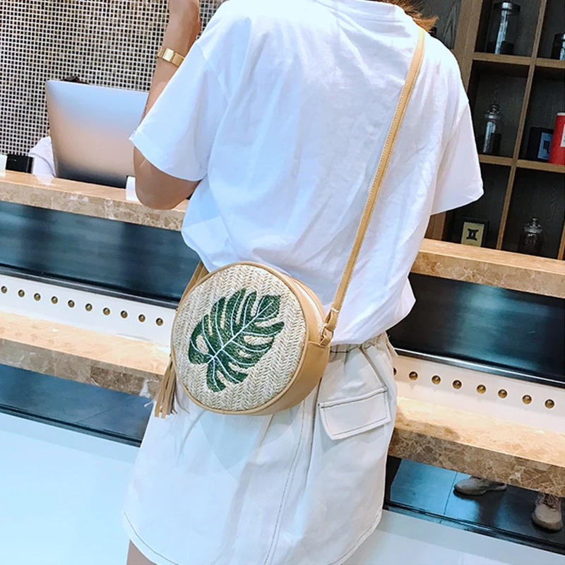 Круглые Женские соломенные сумки листья из ротанга Тканые Пляжные на плечо