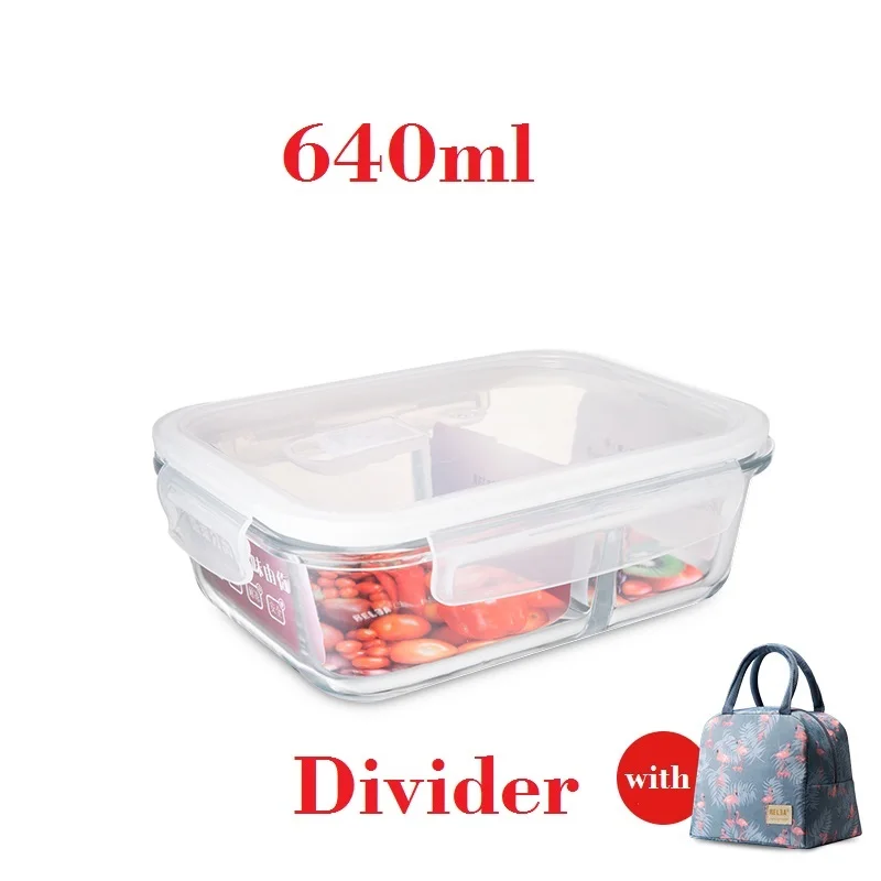 640ml with bag Microwavable стеклянный Ланч-бокс с разделителем, крышкой, сумкой; приготовление еды стеклянные контейнеры для хранения продуктов с 2 отсеками; ланч-контейнер - Цвет: 640ml with bag