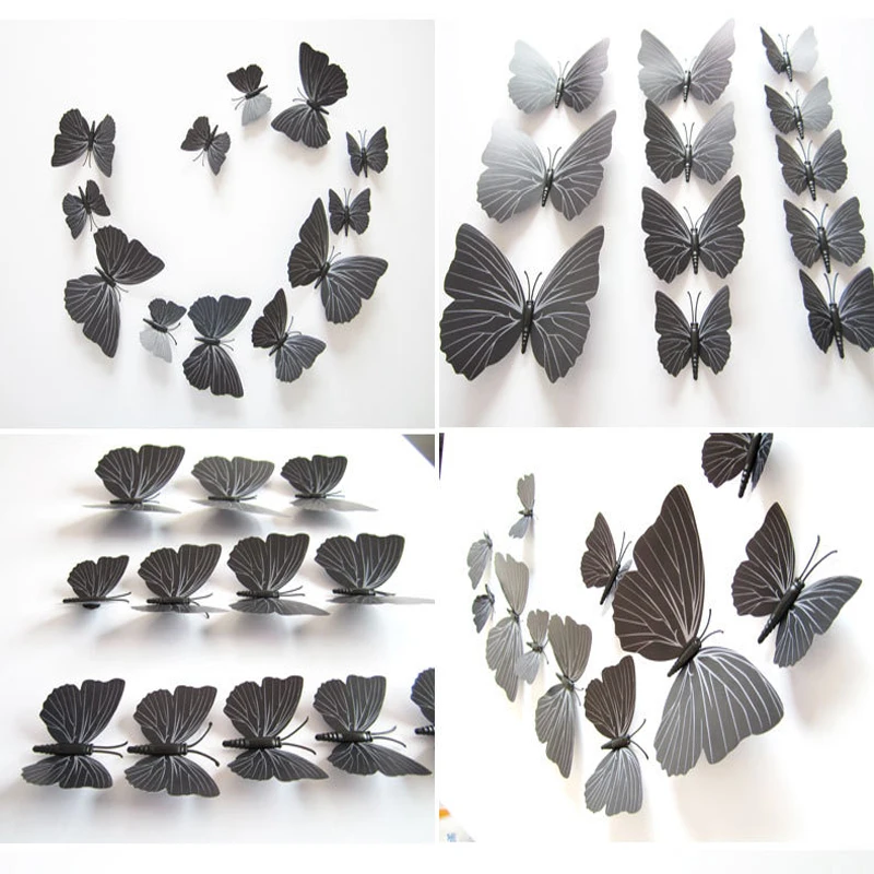 Free shipping 12pcs Black PVC 3d Butterfly wall decor cute Butterflies stickers art Decals home Decoration | Дом и сад