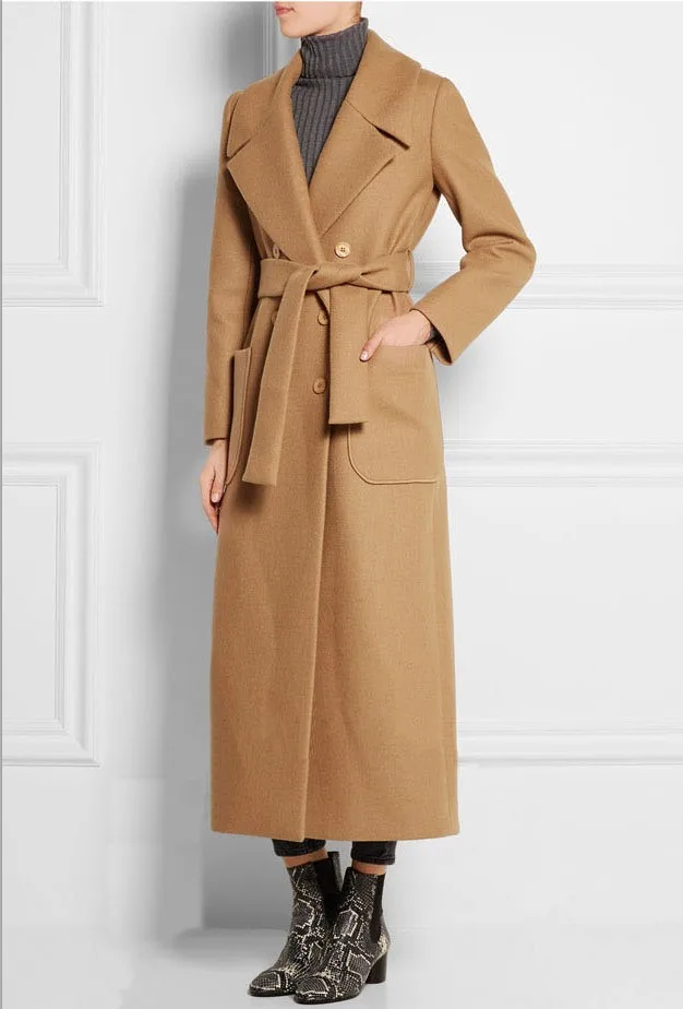 

2018 Autumn Winter Turn-down Collar Women Wool Coat Solid Color Double Breasted Ultra Long Wool Jacket Coat Slim Female Overcoat