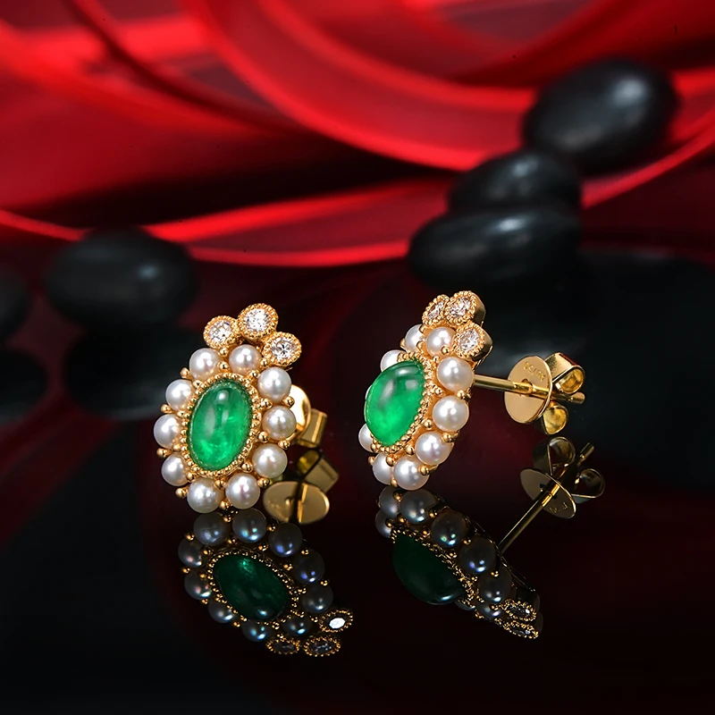 Винтажные Помолвочные серьги с кабошонами изумрудами и натуральным жемчугом 0 92ct