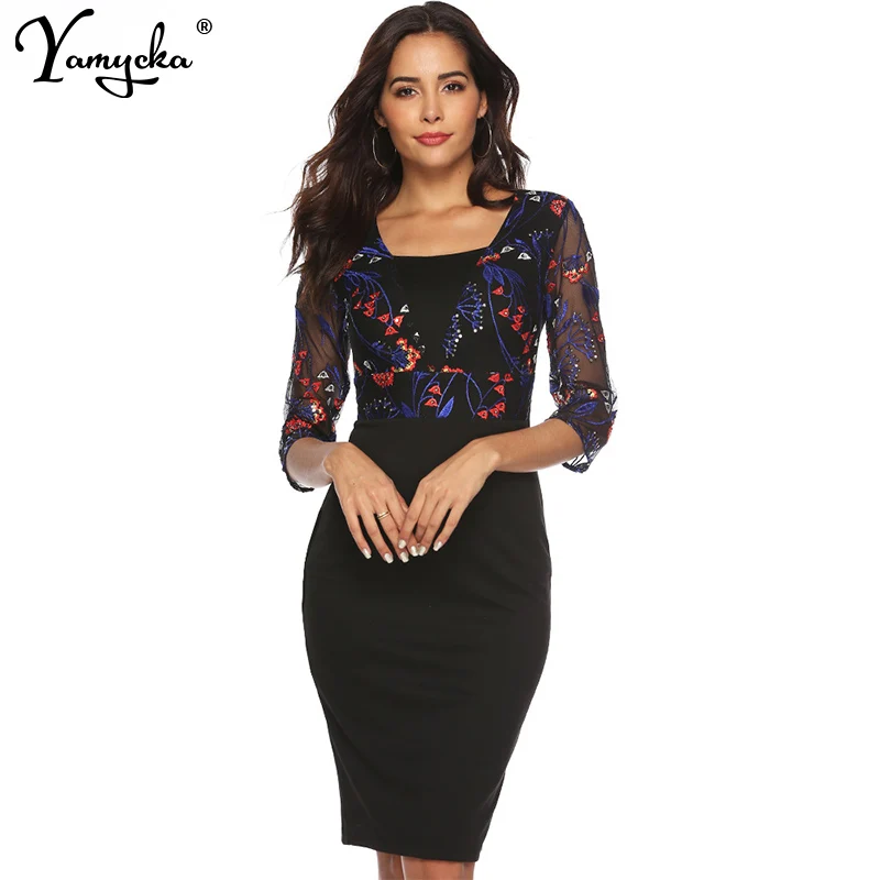 

Sexy vintage Black Mesh Embroidery summer dress wome elegant Party dresses Night club office clothes woman bodycon dress vestido