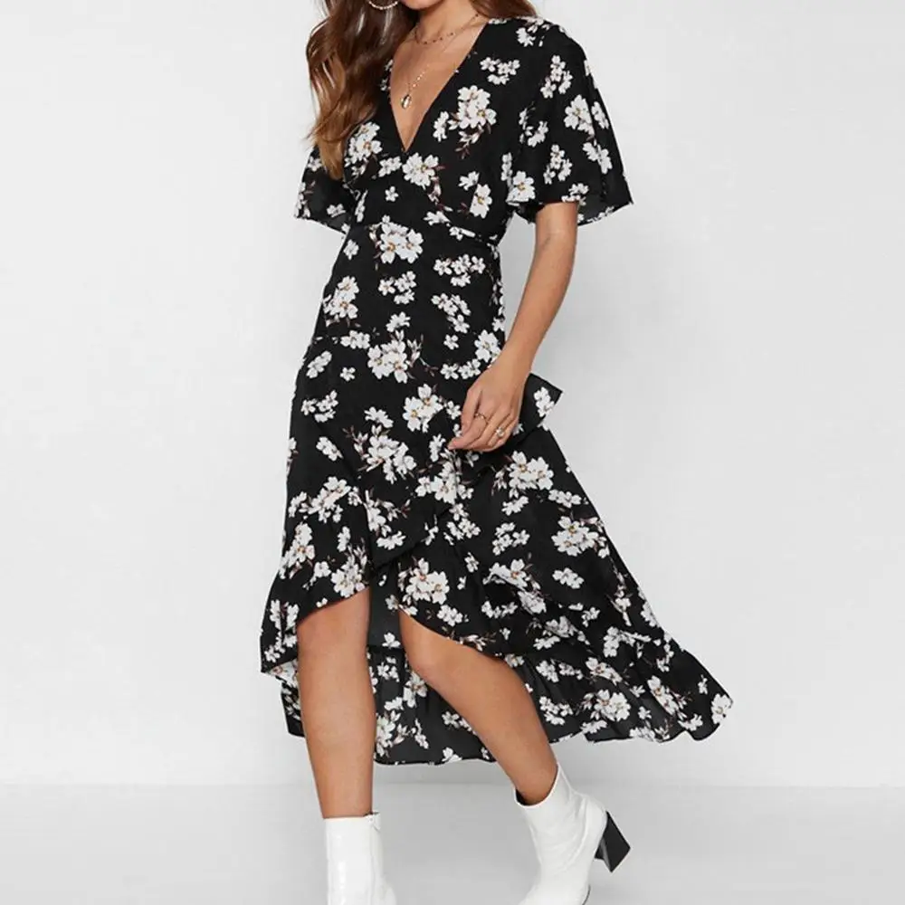 Женское пляжное платье в стиле бохо летнее элегантное с цветочным принтом v