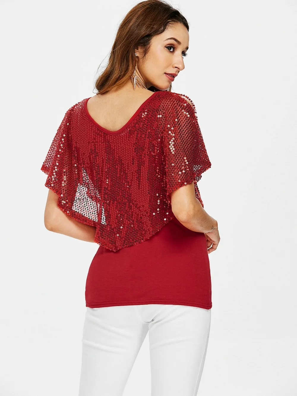 Sexy Women Plunging Neck Sequin T-shirt Summer Batwing Sleeve Solid Short Shirt Female Casual Deep V-neck Loose Tee Tops | Женская
