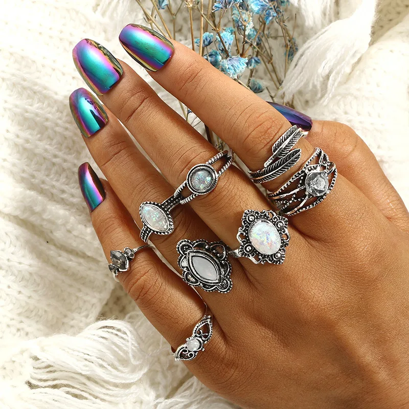 SexeMara Boho Stylish Silver Color White Colorful Opal Knuckle Midi Ring Set for Women Metal Leaf Carving Finger Rings 8pcs/set | Украшения