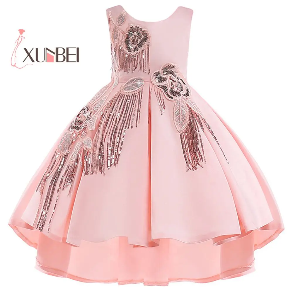 

2020 Autumn Princess Dress Knee Length Hi-Low Flower Girl Dress Sequined Kids Satin Ball Gown Girls Pink Wedding Party Children