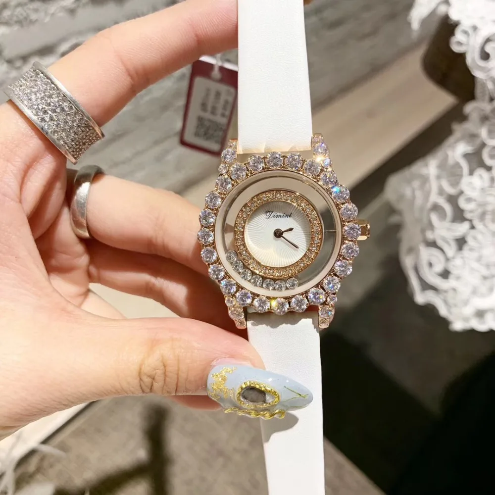 

New Arrived Women Happy Crystals Watches Luxury Rhinestones Jewelry Watch Transparent Case 2 Hands Analog Wrist watch Leather