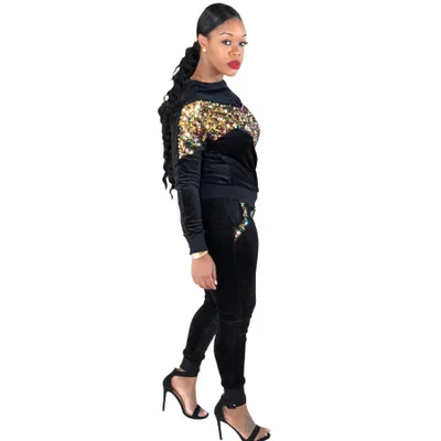 Women Tracksuit two Pieces Set Winter Embroidery Velvet Sequin Casual long sleeve Tops + Long Pants Suit 2 Piece Outfits |
