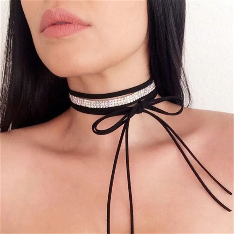 SOHOT высокое качество новая мода длинное черное бархатное колье с кристаллами