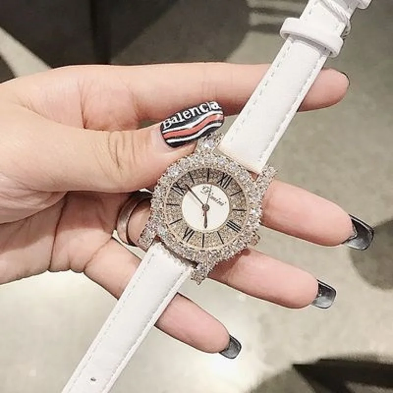 big white Новая мода, розовое золото, дамские часы с бриллиантами, женские новые Стразы, нарядные часы, роскошный кожаный ремешок, женские кварцевые часы - Цвет: big white