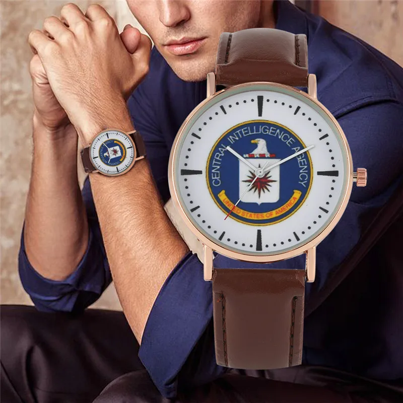 YISUYA Quartz Mens Watch CIA Logo Dial Leather Band Wristwatch Male Clock Watches 2 Colors Fashion Gifts horloges mannen