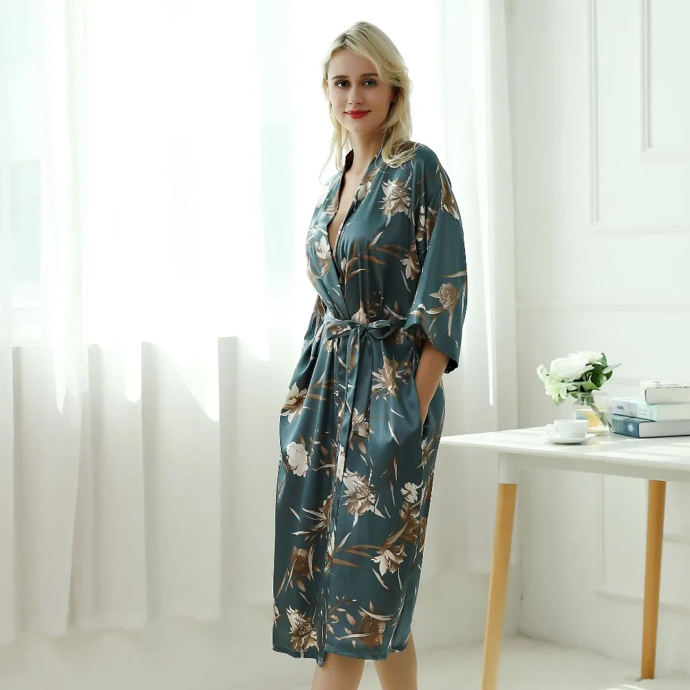 Сексуальное Длинное ночное белье синего и серого цвета с принтом халат из