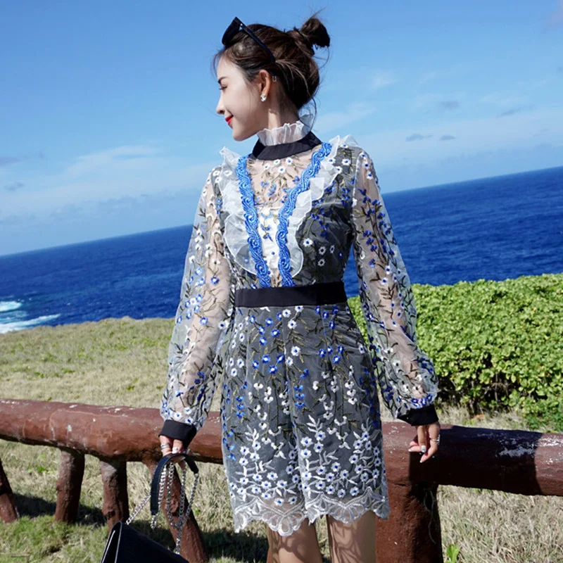 2019 сексуальный сетчатый прозрачный кружевной комбинезон с вышивкой и широкими