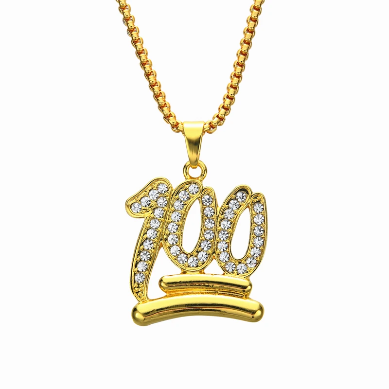 Золотой Emoji 100 подвеска с логотипом Нержавеющая сталь Iced Out Bling со стразами и