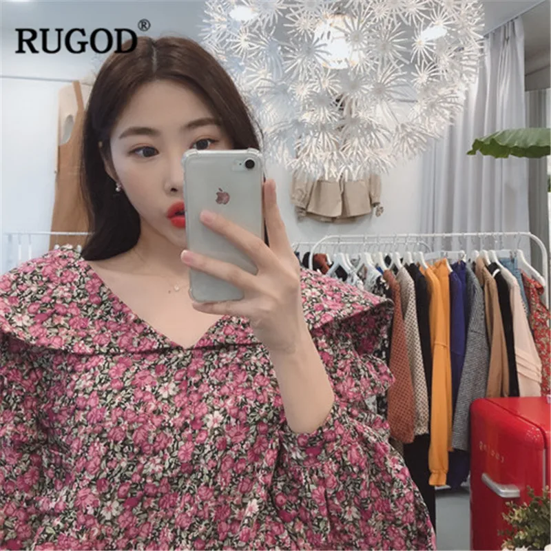 RUGOD 2019 Floral print women blouses v neck flare sleeves loose bohemian style sweet korean spring tops and |