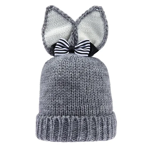 Grey Puseky Kawaii Лыжная Милая шапка с заячьими ушками для новорожденных мальчиков и девочек, зимняя теплая шапка с кроликом, вязаная шапка с плюшевой шапочкой, полосатые шляпки с бантом - Цвет: Grey