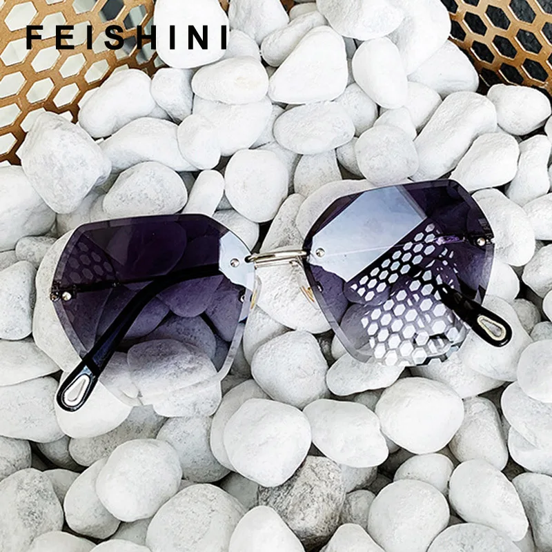FEISHINI, Классические, модные, черные, градиентные солнцезащитные очки, стразы, без оправы, солнцезащитные очки для женщин, винтажные, негабаритные, роскошные, брендовые, дизайнерские